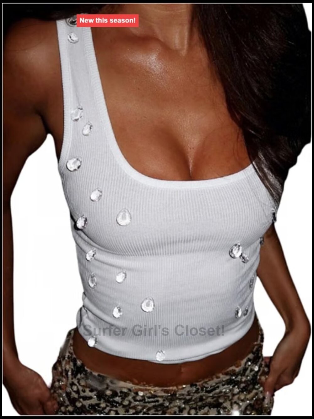 Sleeveless Rhinestone Square Neck Ribbed Knit Y2K Tank Top